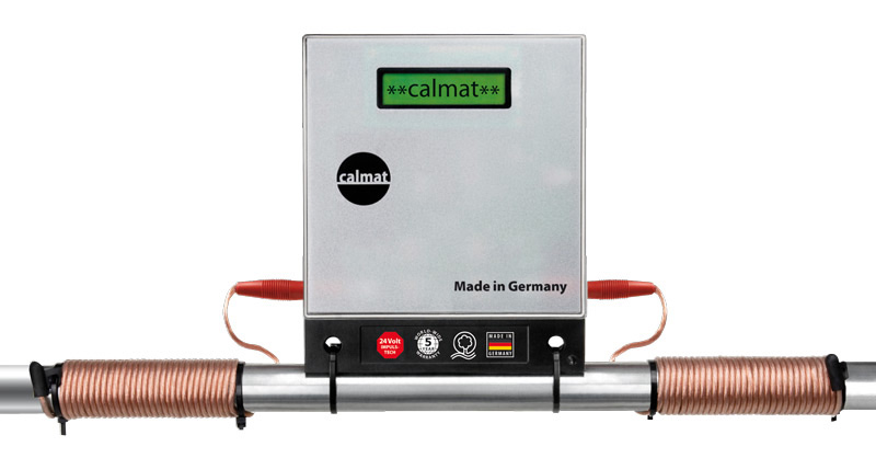Calmat electronic water treatment unit installed on a pipe