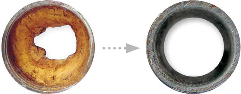 Scale buildup before and after Vulcan water treatment